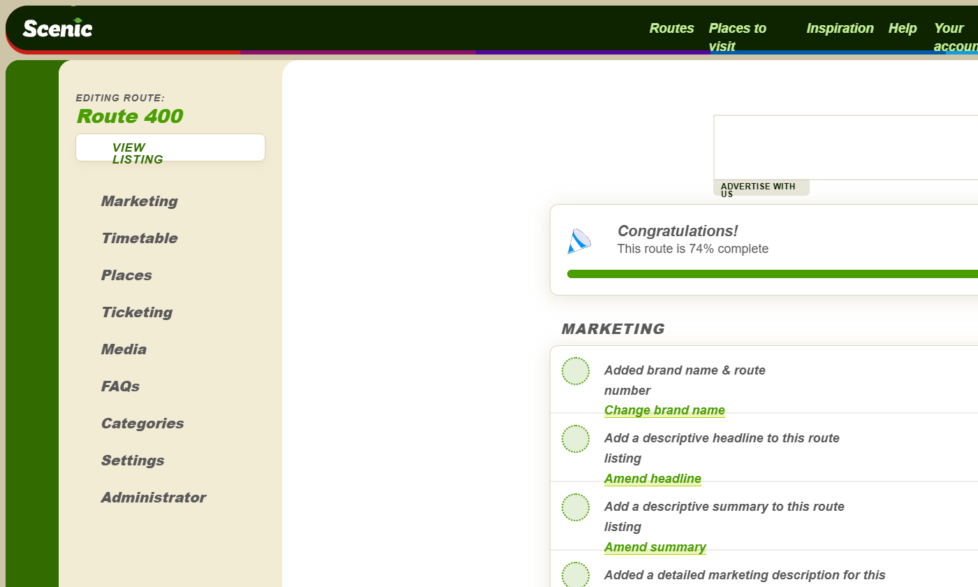 Route 400 editor dashboard showing the task list and progress bar