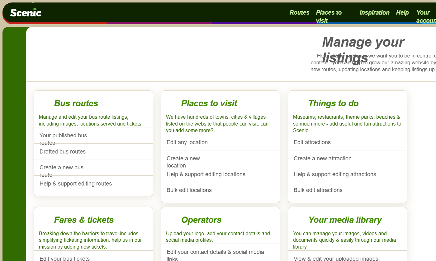 Scenic Listings Manager dashboard showing content type cards: Bus routes, Places to visit, Things to do, Fares & tickets, Operators, Your media library